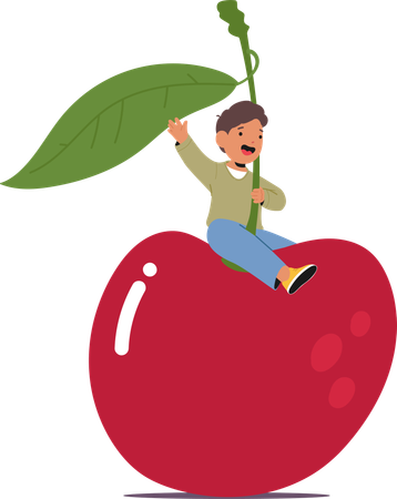 Child playing on giant cherry  Illustration