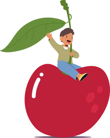 Child playing on giant cherry  Illustration