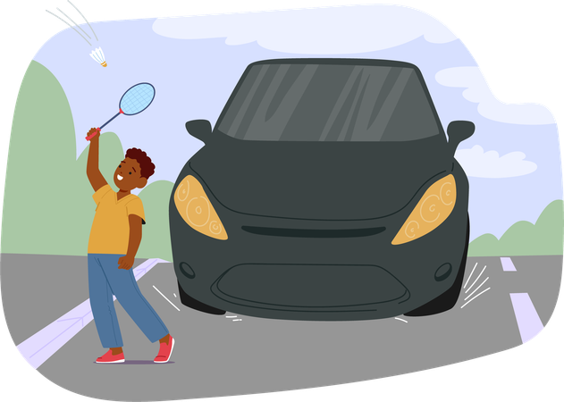 Child Playing With Badminton Near Road while Car Passes  Illustration