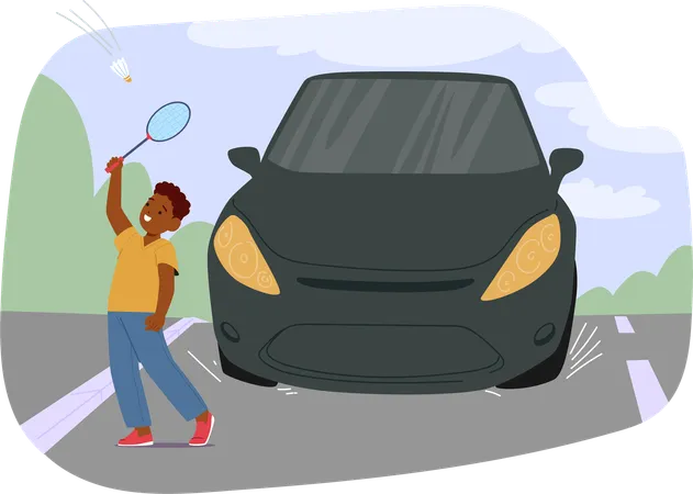 Child Playing With Badminton Near Road while Car Passes  Illustration