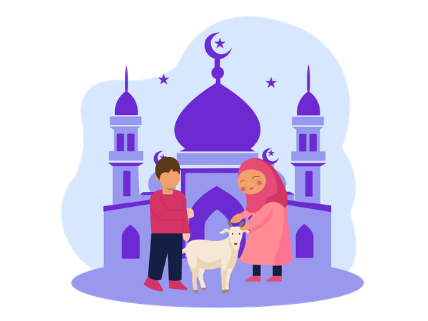 Child playing with Eid animals  Illustration