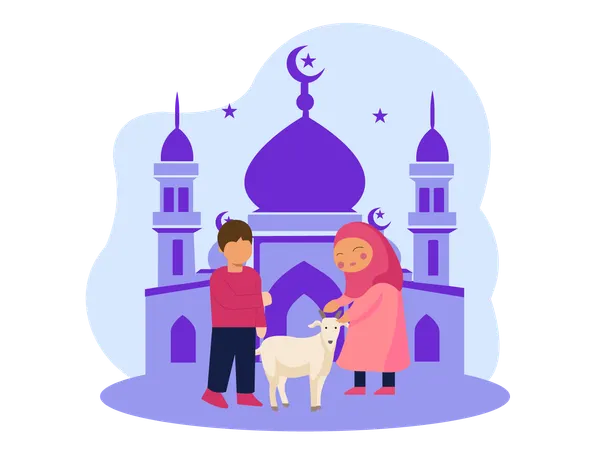 Child playing with Eid animals  Illustration