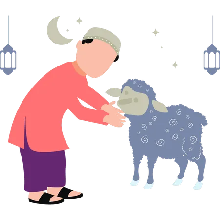 Child playing with Eid animals  Illustration