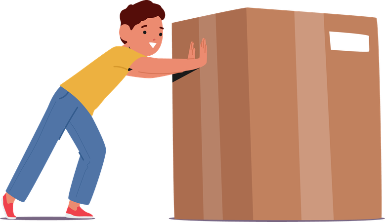 Child pushing large cardboard box  Illustration