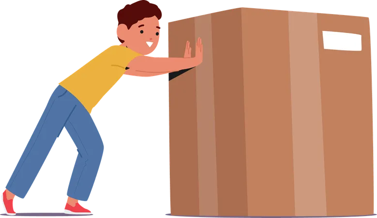 Child pushing large cardboard box  Illustration