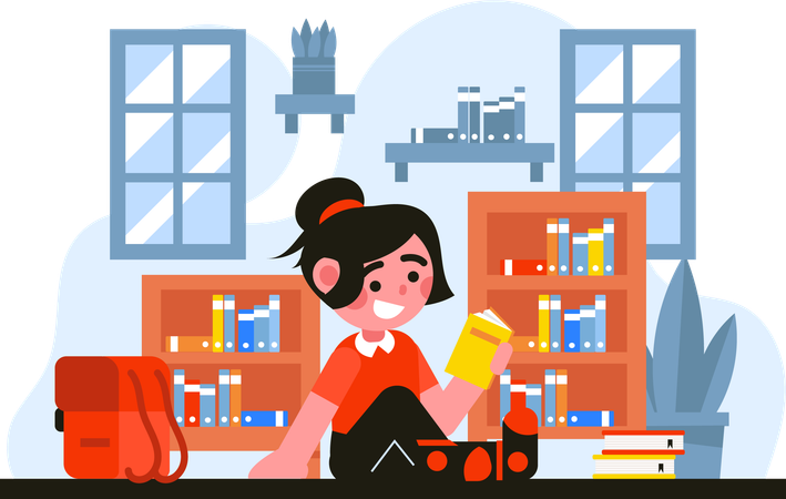 Child Reading Book in Library  Illustration