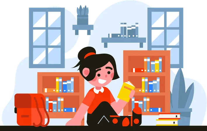 Child Reading Book in Library  Illustration