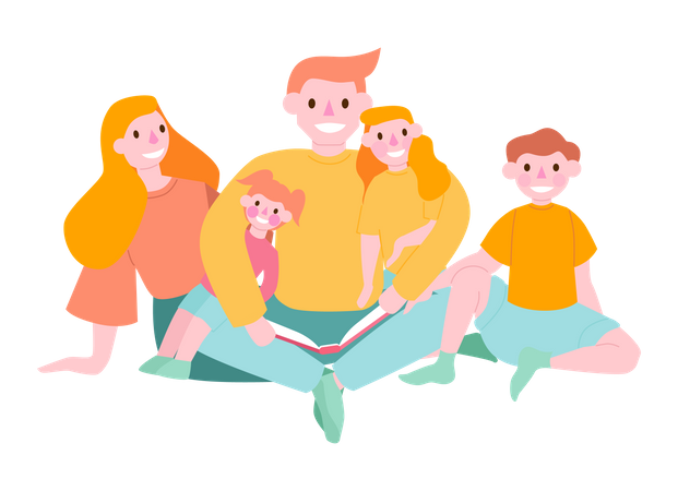 Child reading book with parents Illustration