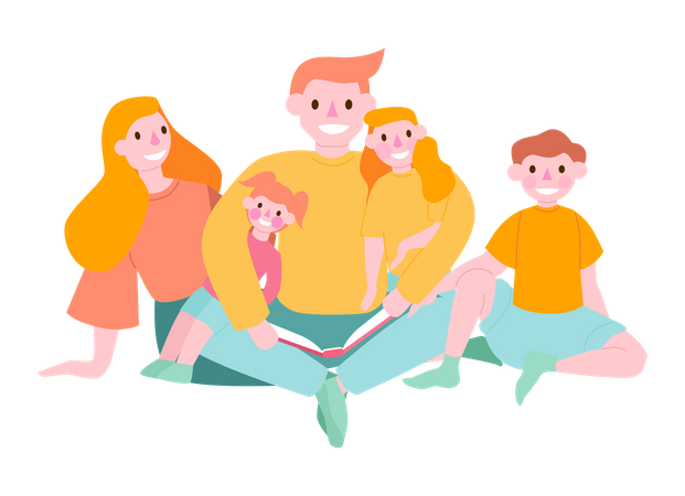 Child reading book with parents  Illustration