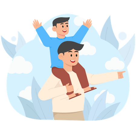 Child Rides Father's Shoulders  Illustration