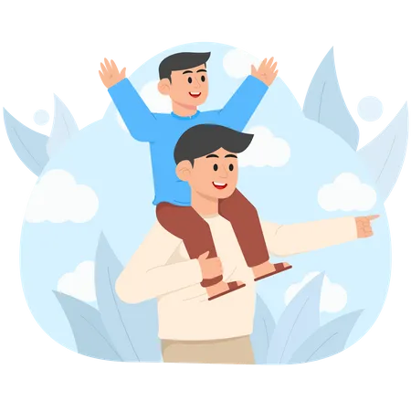 Child Rides Father's Shoulders  Illustration