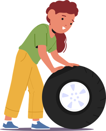 Child rolling large tire  Illustration