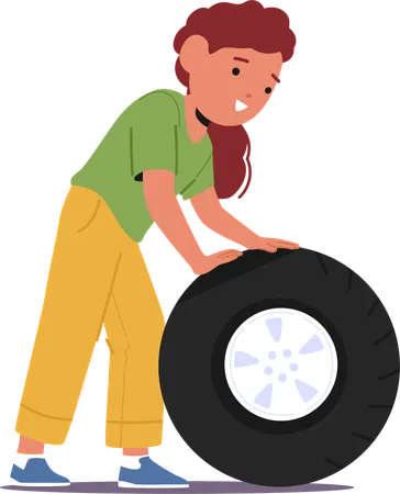 Child rolling large tire  Illustration