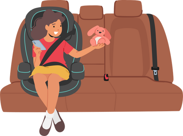 Child Safety And Comfortable Travel Concept. Kid Girl Character Sitting On Car Seat, Happy Kid In Comfortable Chair  Illustration