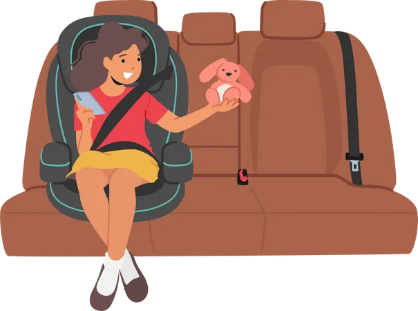 Child Safety And Comfortable Travel Concept. Kid Girl Character Sitting On Car Seat, Happy Kid In Comfortable Chair  Illustration