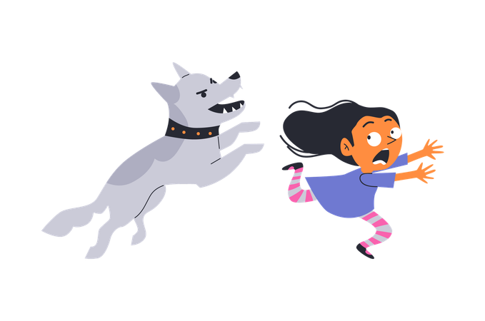 Child scared because an angry dog is chasing him  Illustration