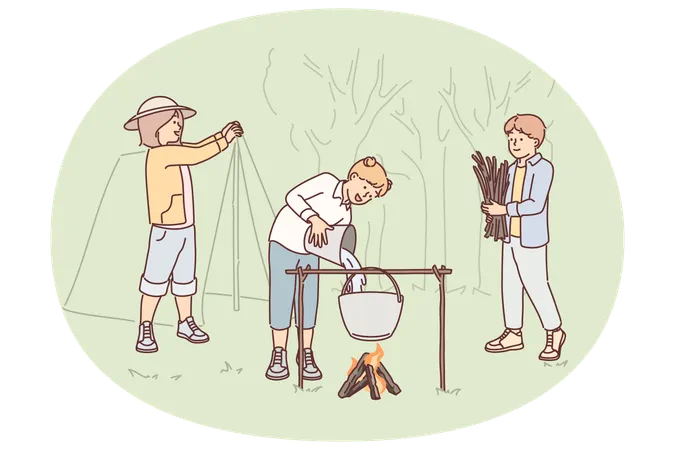 Child scouts take part in hike in forest  Illustration