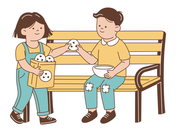 Child Sharing Cookies with Less Fortunate Child Representing Kindness Compassion Illustration