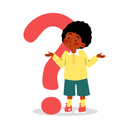 Child shrugging shoulders next to question mark  Illustration