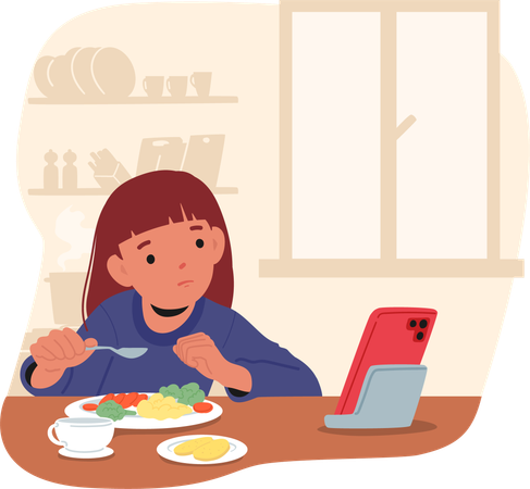 ダイニングテーブルに座って昼食を食べながらタブレットを使用する子供  イラスト