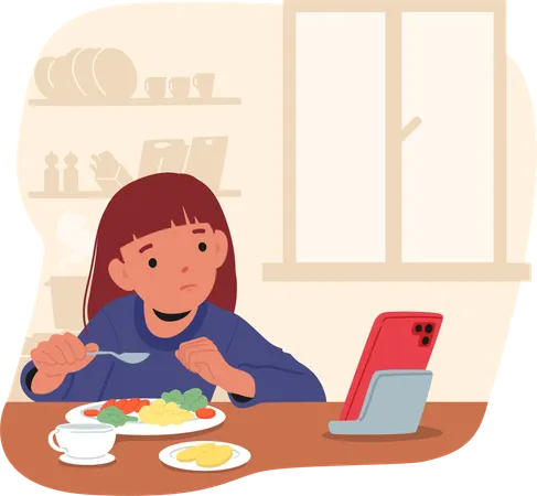 ダイニングテーブルに座って昼食を食べながらタブレットを使用する子供  イラスト