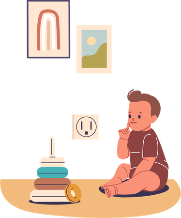 Child Sitting Near Electrical Outlet While Putting Fingers In Mouth  Illustration