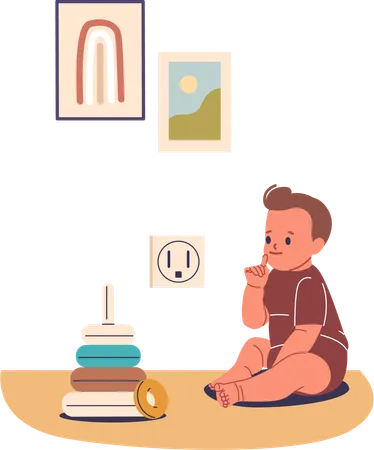 Child Sitting Near Electrical Outlet While Putting Fingers In Mouth  Illustration