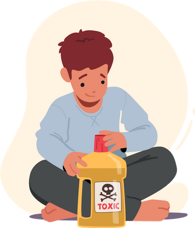 Child Sitting on Floor Play With Toxic Liquid Opening Bottle with Hazardous Poison  Illustration