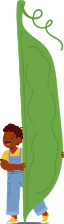 Child standing with giant pea  Illustration