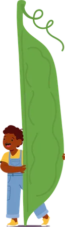 Child standing with giant pea  Illustration