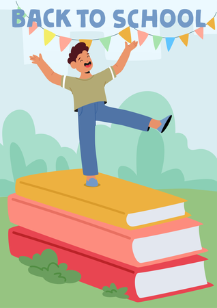 Child Stands On Stack Of Books Celebrating Back To School  Illustration