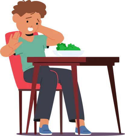 Child Stubbornly Rejects Eating Broccoli Wrinkling Nose Expresses Strong Dislike Pushes Plate Away Defiantly Little Boy Character Refusing To Eat Vegetables Cartoon People Vector Illustration Illustration