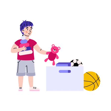 Child tidying up his toys himself  Illustration