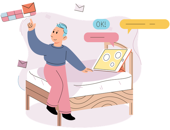 Child using gadget sitting on bed  Illustration