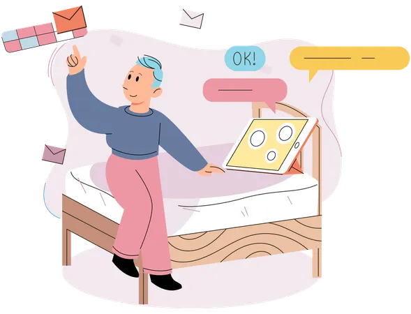 Child using gadget sitting on bed  Illustration