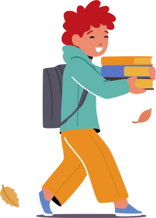 Child Walks With Books And Backpack Young Boy Character Holding A Stack Of Books Ready To Embark On An Exciting Journey Of Knowledge And Imagination Cartoon People Vector Illustration Illustration