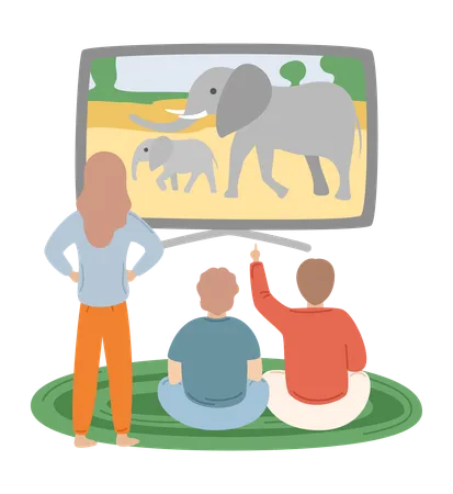 Wildlife Represented On Screen Of Tv Vector People Watching Channel Man Sitting On Carpet And Woman Standing By Tv Set Flat Style Leisure Of Friends 일러스트레이션