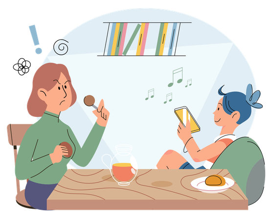 Child watching phone while eating  Illustration