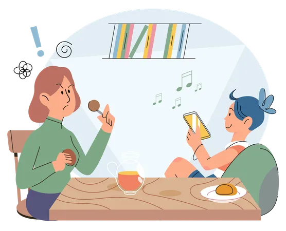 Child watching phone while eating  Illustration