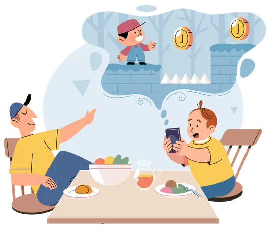 Child watching phone while eating  Illustration