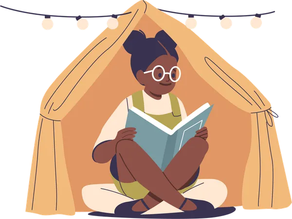 Child With Glasses Sitting Inside Cozy Tent Reading Book  Illustration