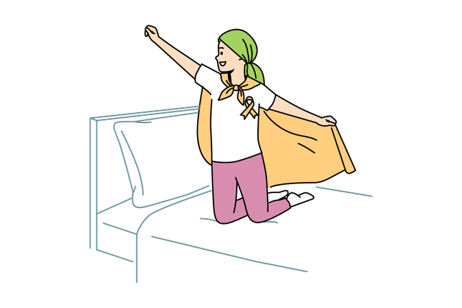 Child with oncology disease stands on bed in superhero pose  Illustration