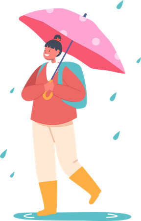 Child with Umbrella in Rainy Weather  Illustration