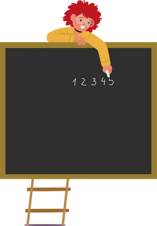 Child writing on blackboard using chalk  Illustration