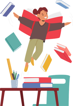 Childa With Books Flying Around  Illustration