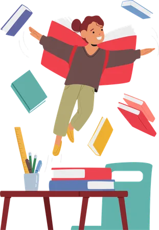 Childa With Books Flying Around  Illustration