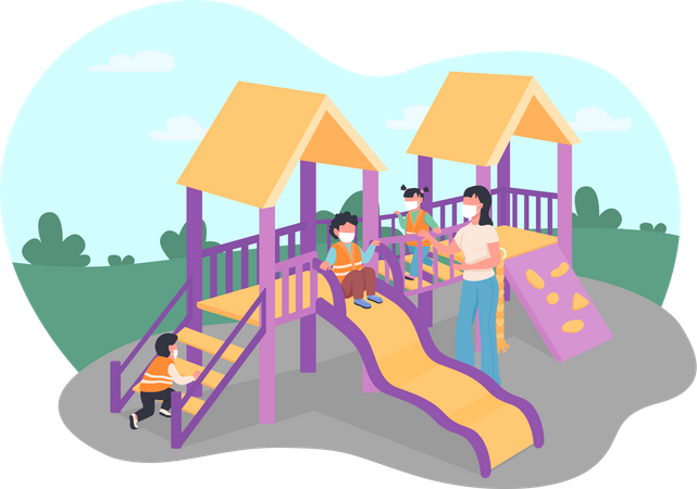 Children and teacher in medical masks on playground  Illustration