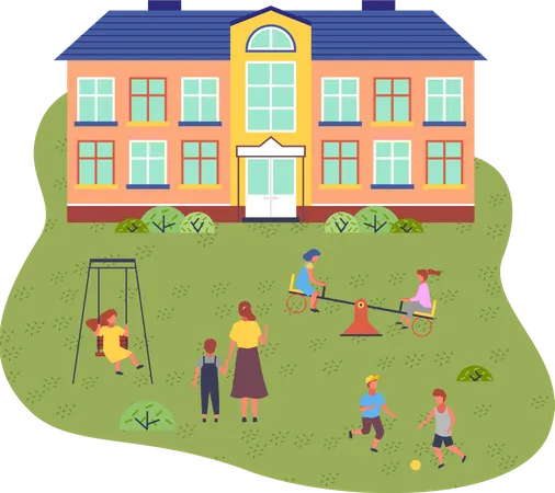 Children and teacher on the playground  Illustration