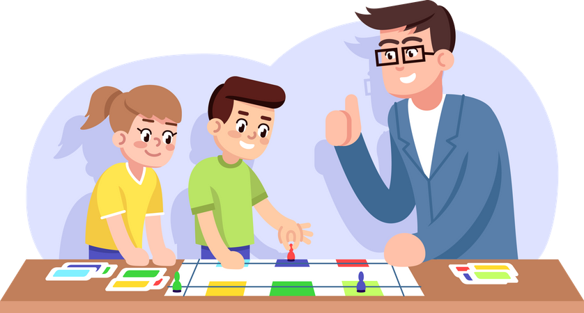 Children and teacher play educational board game  Illustration