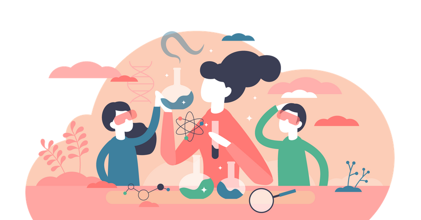 Children and teacher research in lab  Illustration